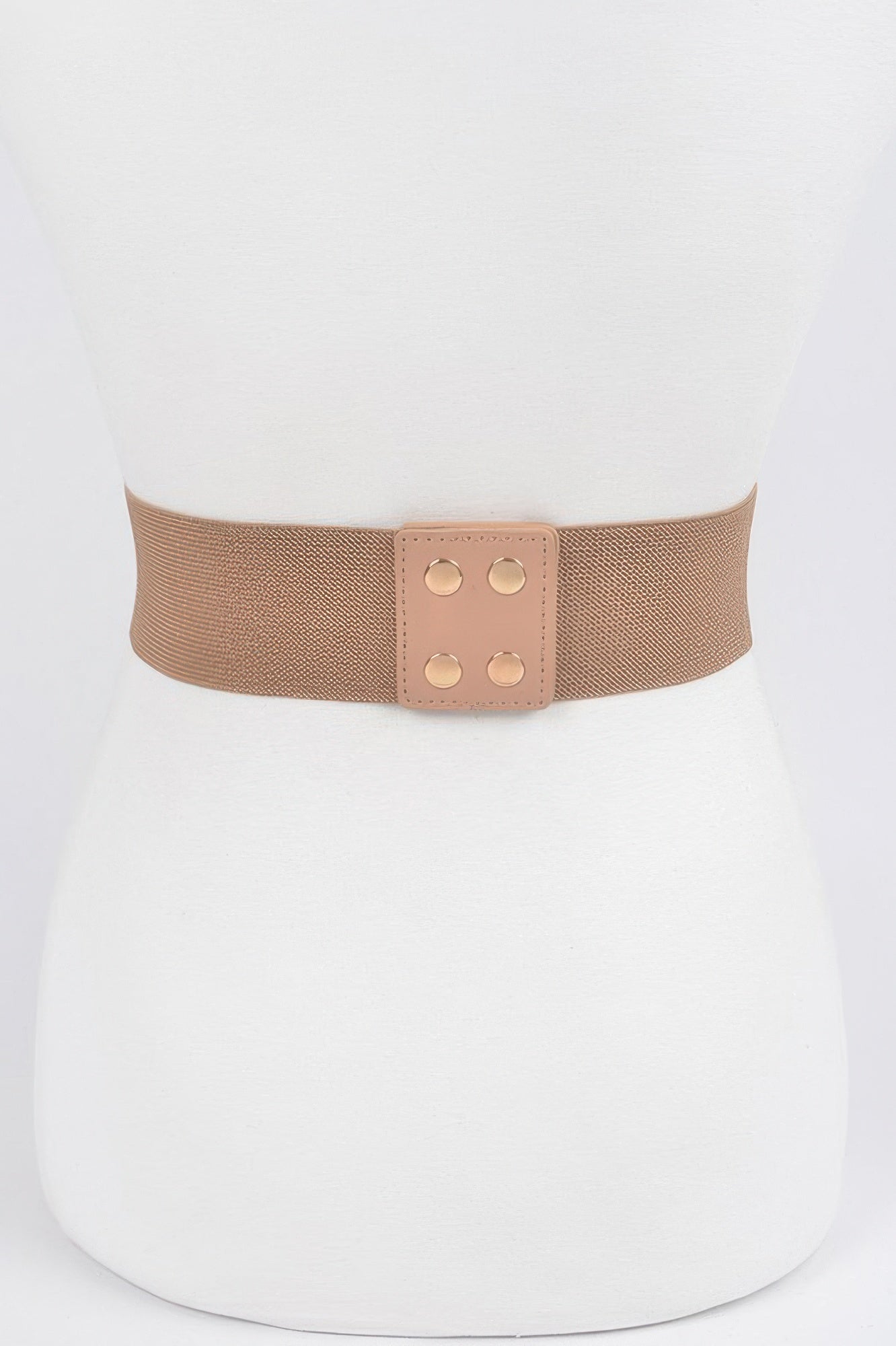 Multi Metal Buckle Stretch Plus Size Belt in tan with a light brown buckle and four gold studs
