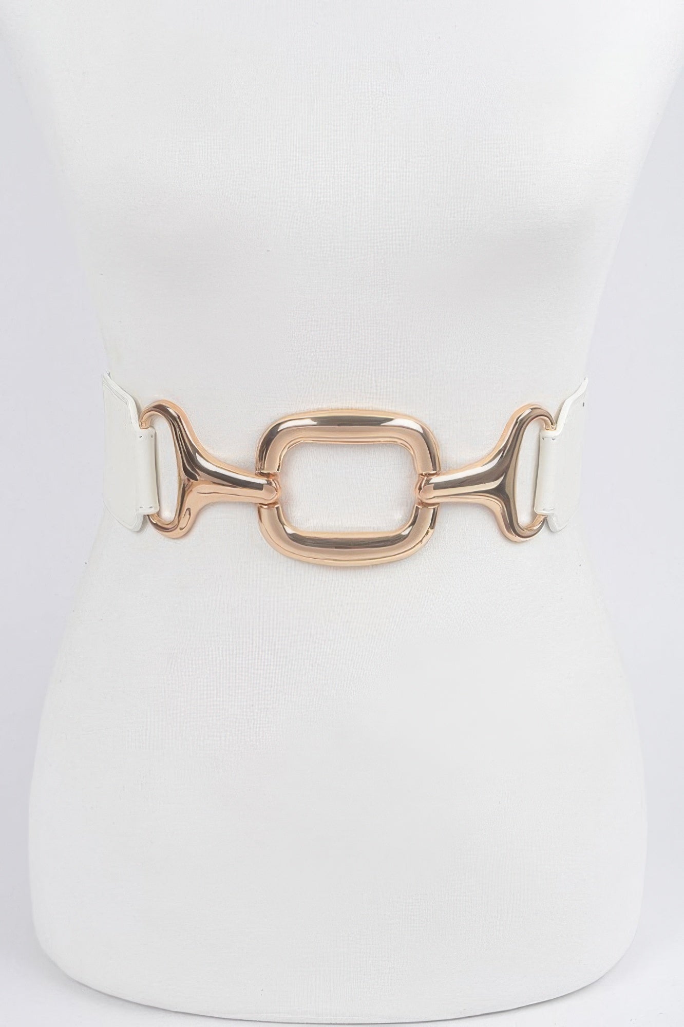 Multi Metal Buckle Stretch Plus Size Belt in white with a large gold-colored buckle