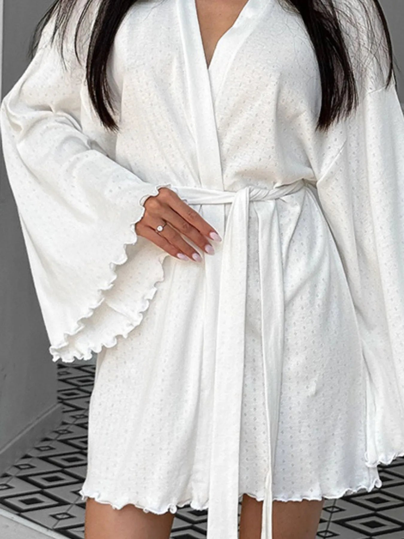 Tie Waist Kimono Sleeve Lounge Nightgown in white with ruffled sleeves and hem