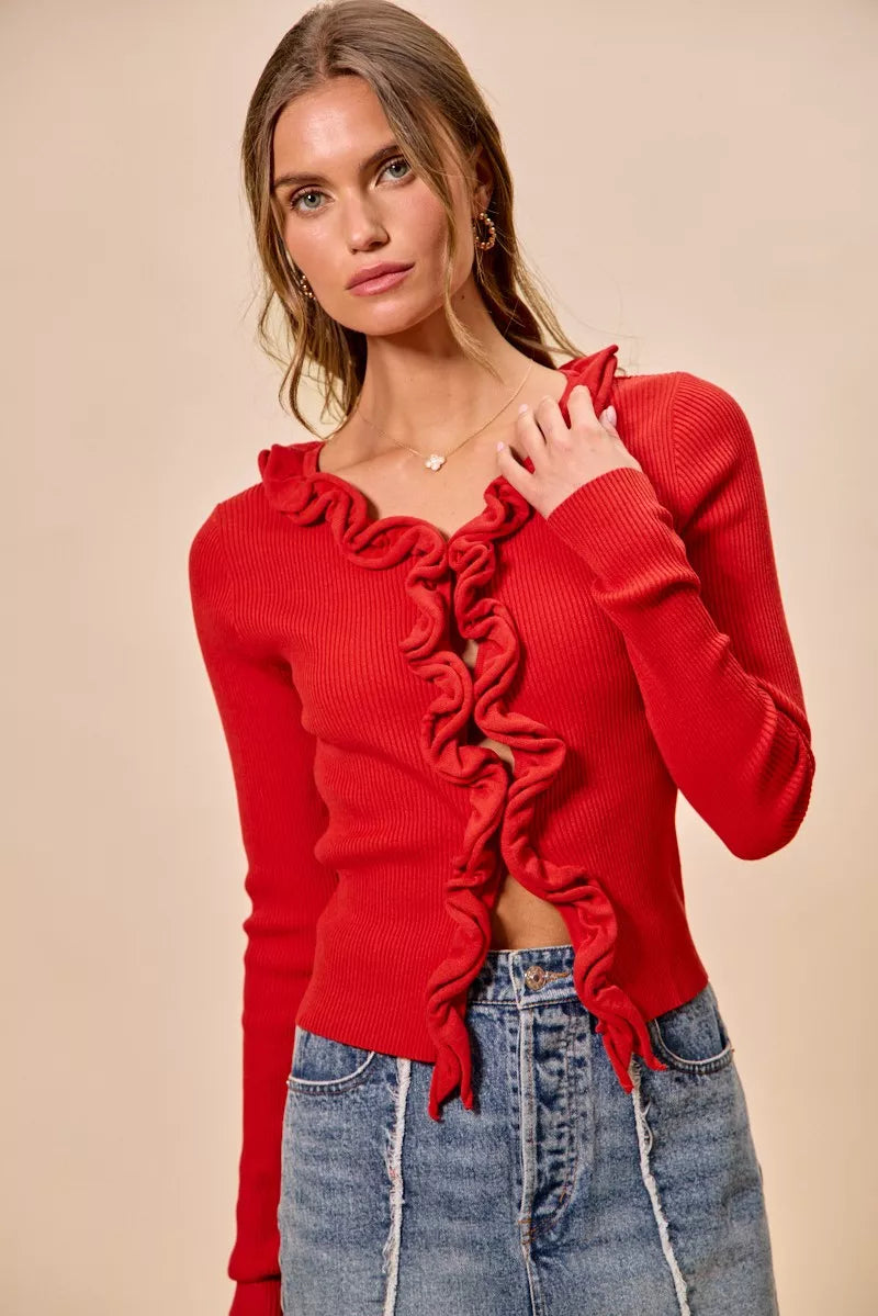 SO ME Cascade Ruffle Ribbed Sweater Cardigan in red with ruffled trim and long sleeves