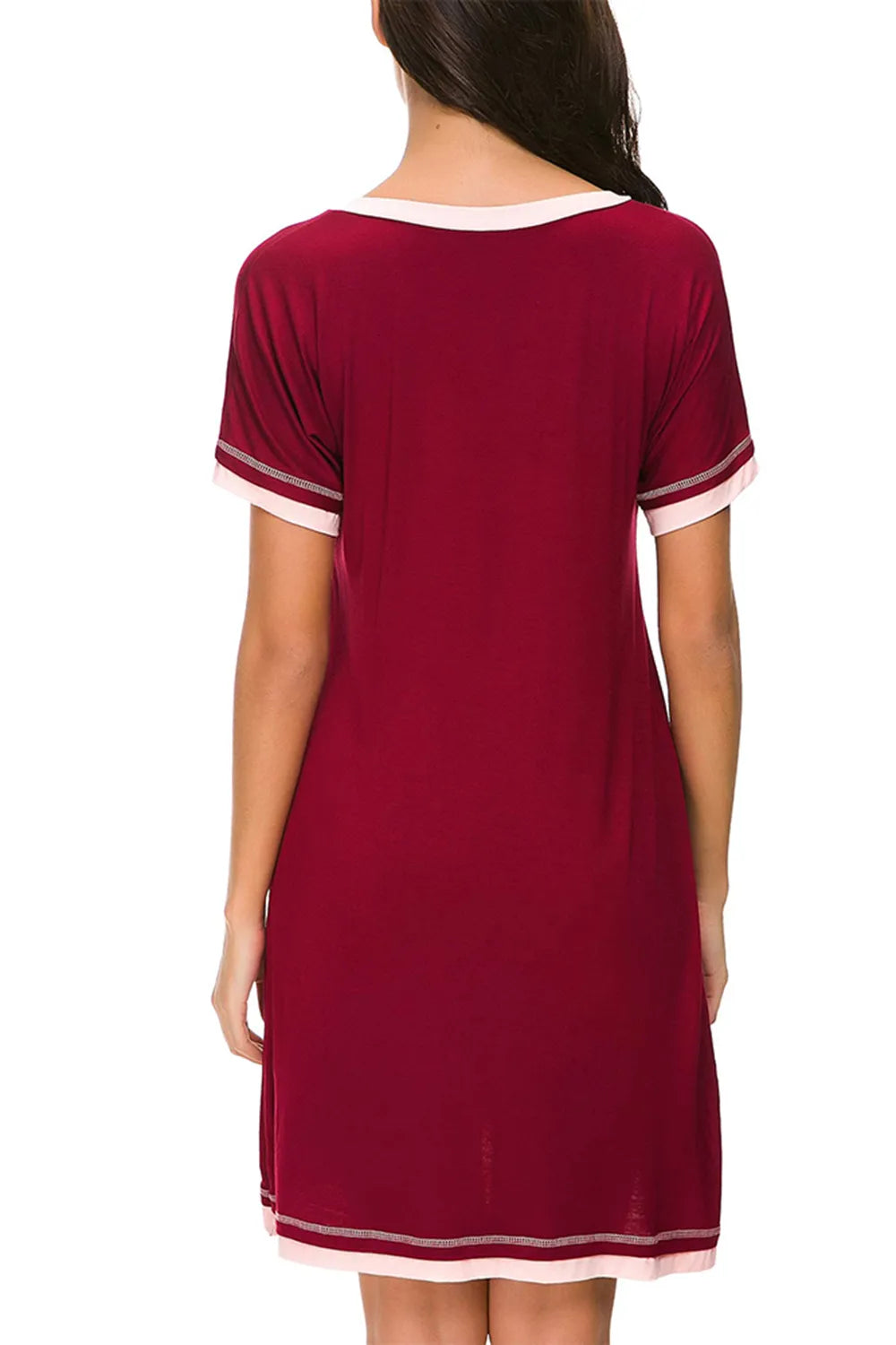 Contrast Trim Short Sleeve Lounge Dress in red with pink trim, back view