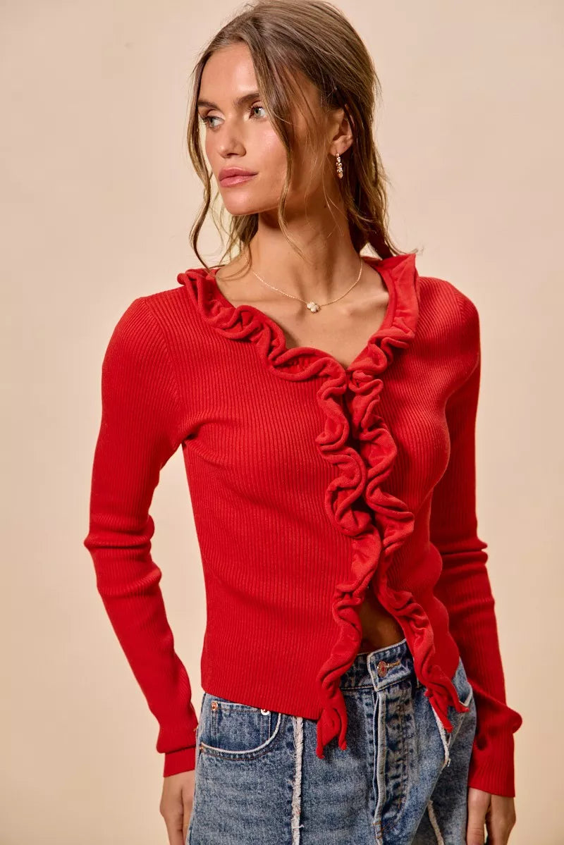 SO ME Cascade Ruffle Ribbed Sweater Cardigan in red with long sleeves and ruffled front