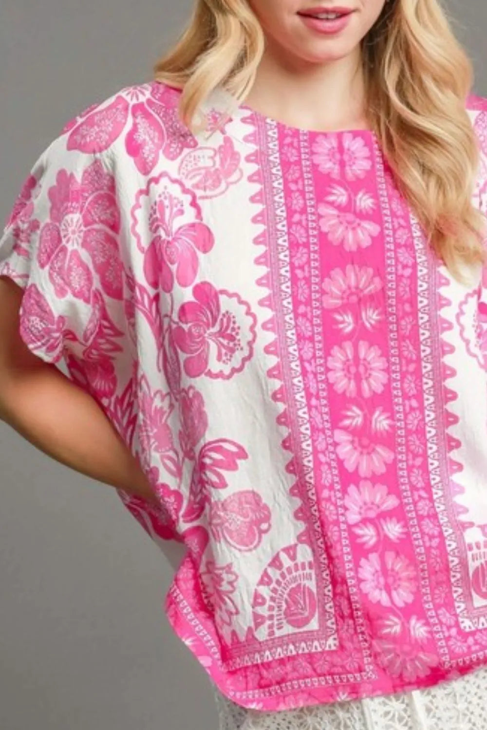 Umgee Floral Border Print Oversized Top Plus Size in pink and white