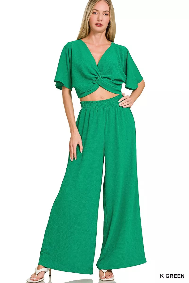 Zenana Woven Airflow Twisted Top & Wide Leg Pants Set in K Green