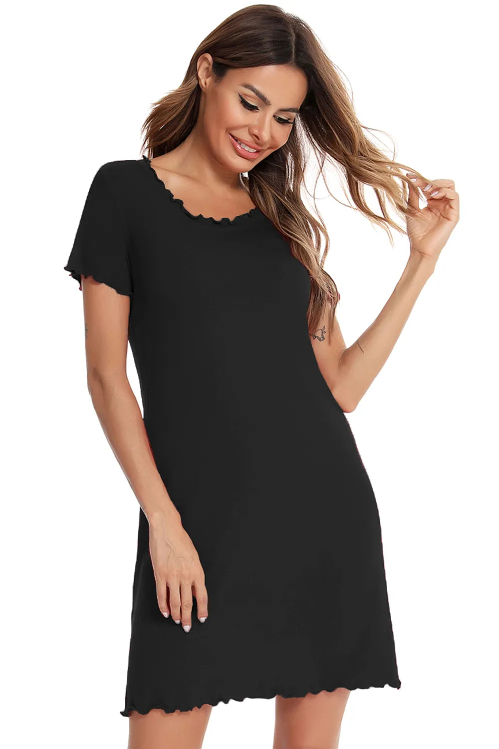 Round Neck Short Sleeve Lounge Dress in black with ruffled trim
