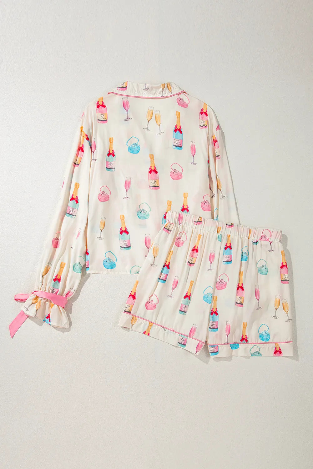 Bow Printed Collared Neck Top and Drawstring Shorts Lounge Set, back view