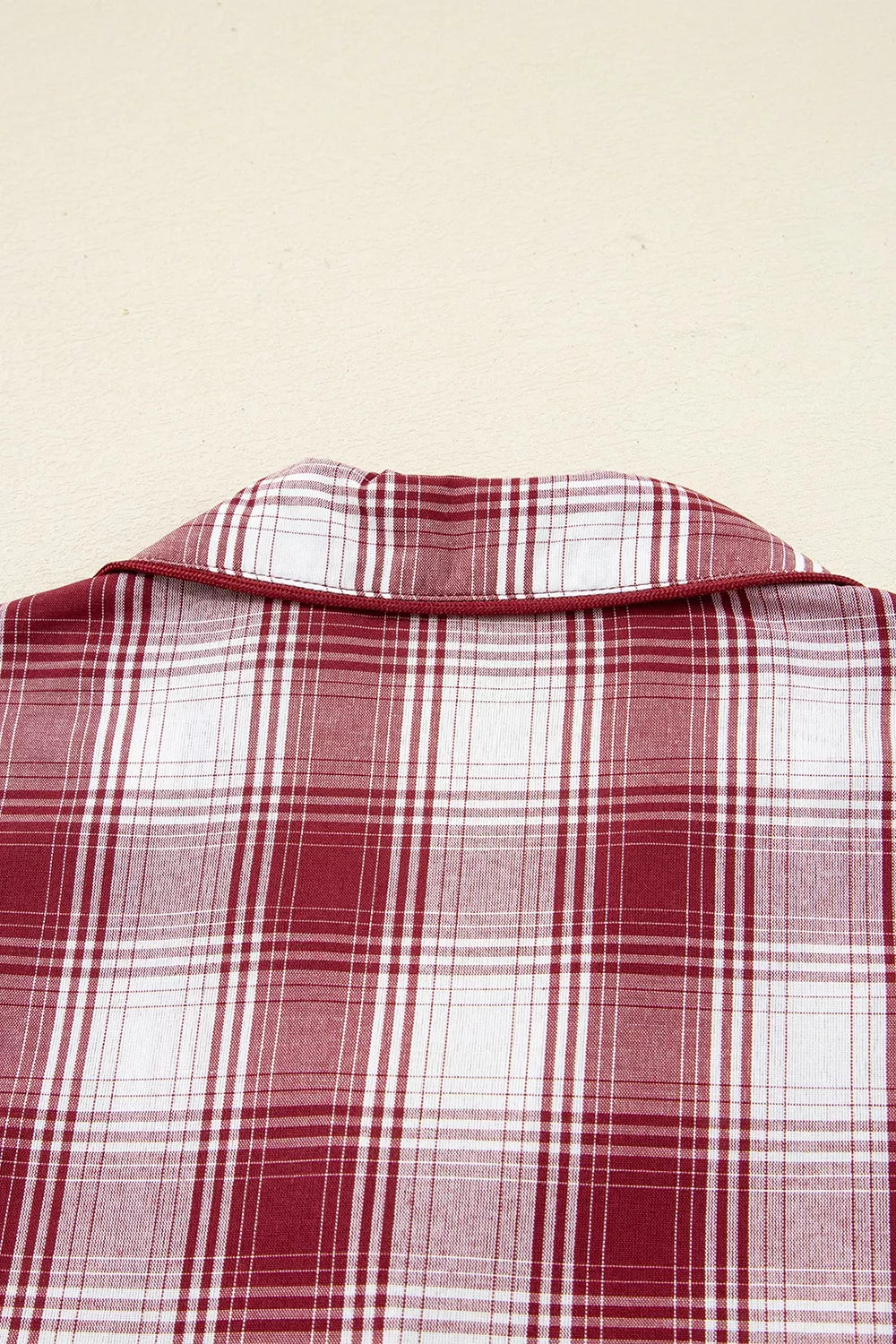 Close up of the collar and upper back of the Plaid Long Sleeve Shirt and Drawstring Shorts Lounge Set