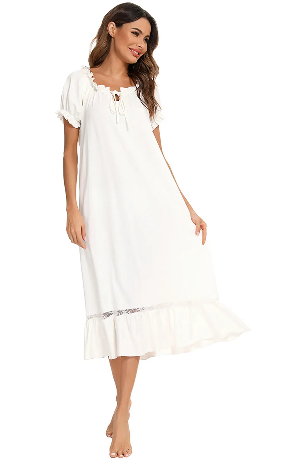 Lace Detail Short Sleeve Lounge Dress in white with ruffled neckline and hem