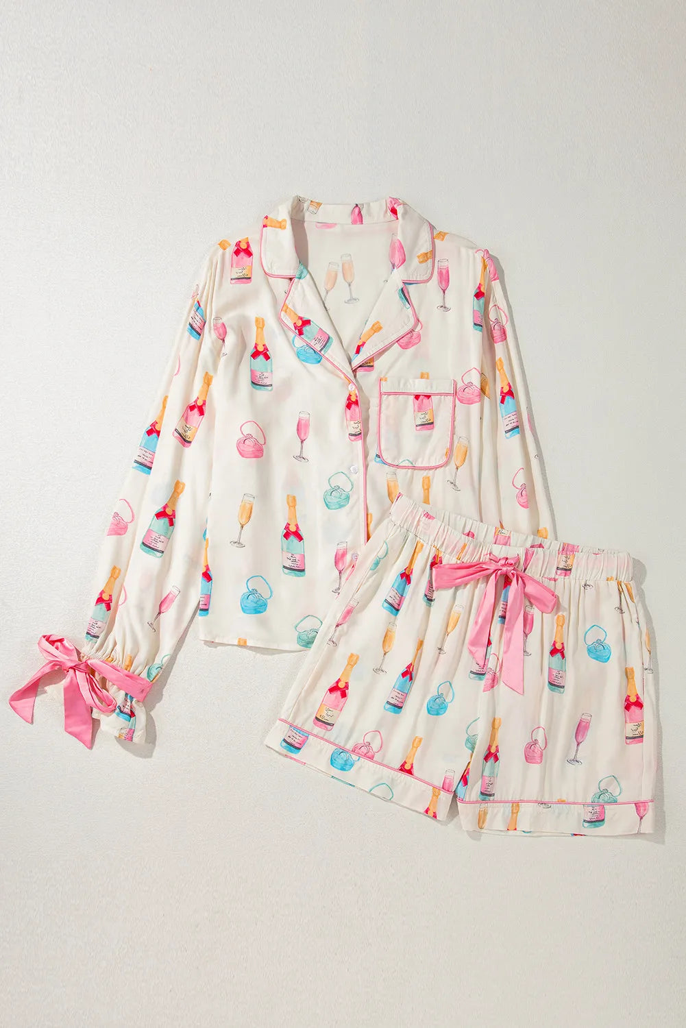 Bow Printed Collared Neck Top and Drawstring Shorts Lounge Set with champagne bottle print