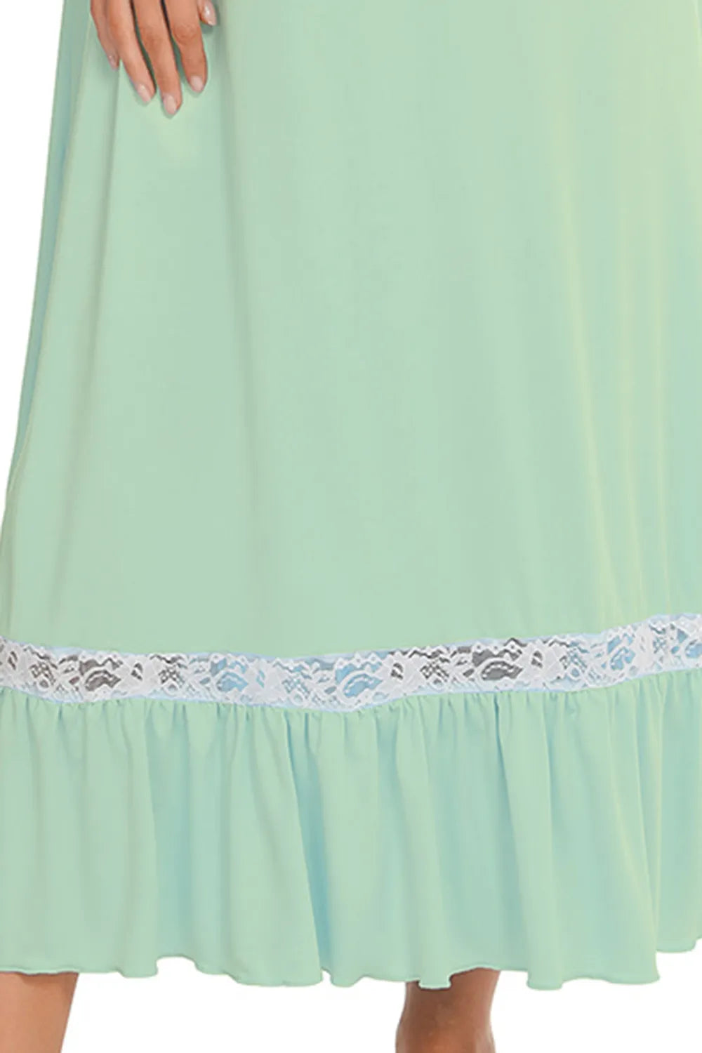 Lace Detail Short Sleeve Lounge Dress in mint green with white lace trim and ruffled hem