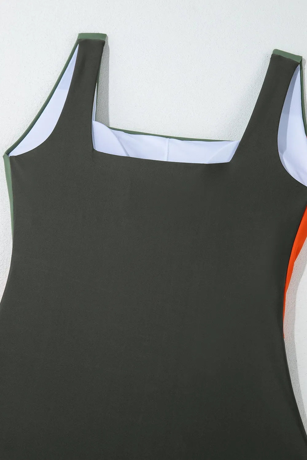 Color Block Padded Square Neck One Piece Swimsuit in dark green, orange, and white