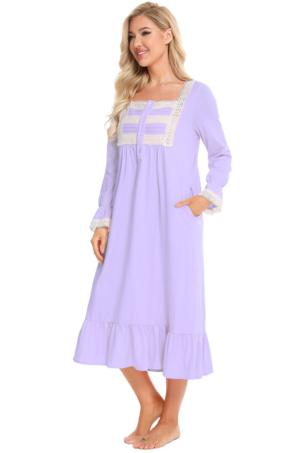Lace Detail Square Neck Flounce Sleeve Night Dress in lavender