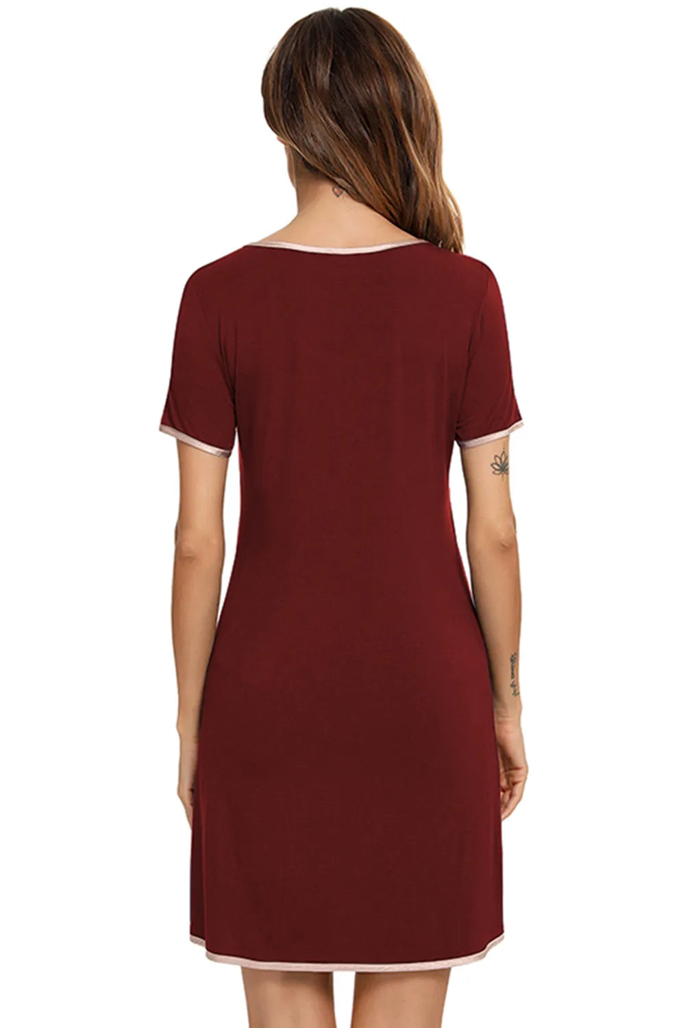 Back view of a woman wearing a Contrast Trim Pocketed Round Neck Lounge Dress
