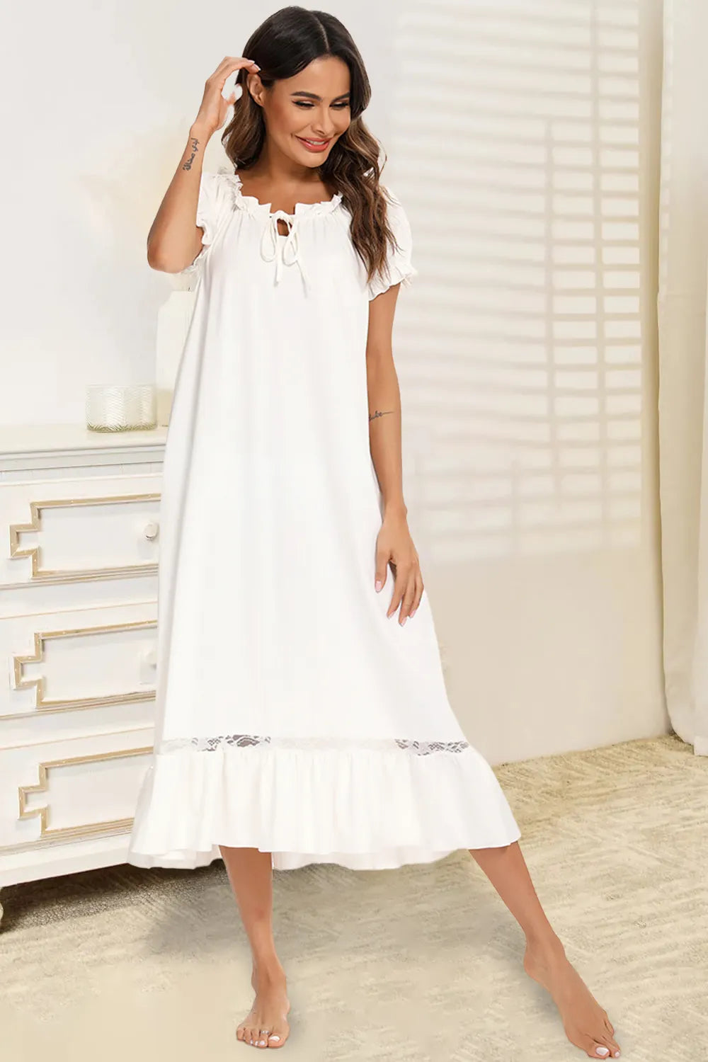 Lace Detail Short Sleeve Lounge Dress in white with ruffled neckline and lace trim