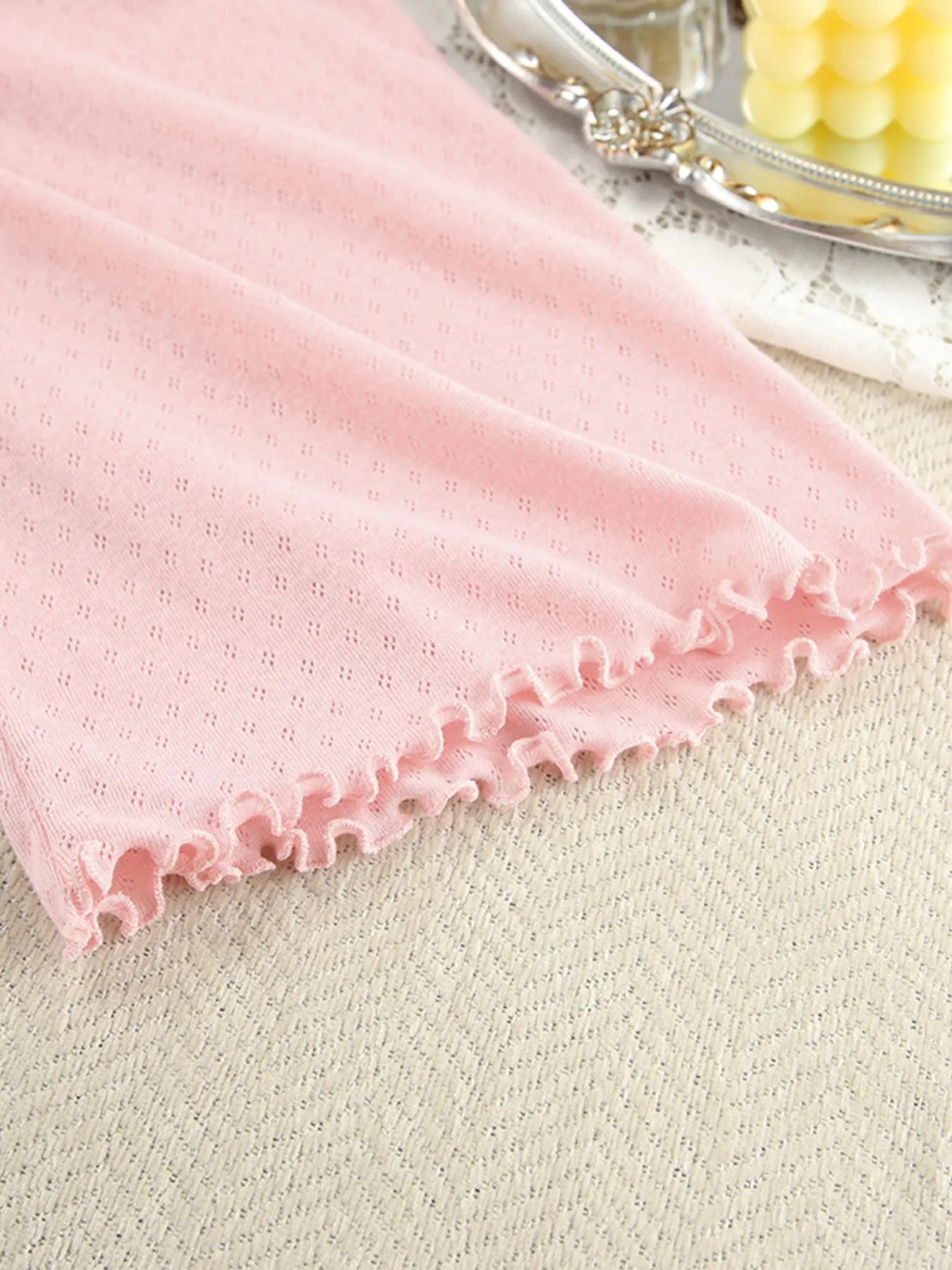 Close up of the pink Tie Waist Kimono Sleeve Lounge Nightgown with ruffled hem