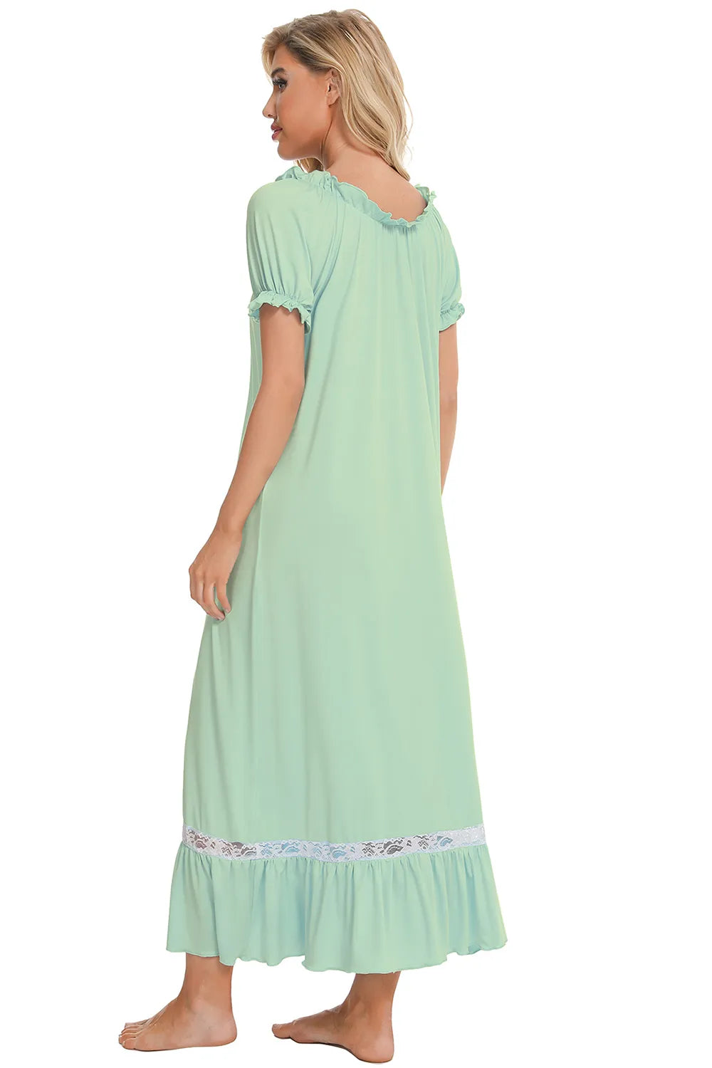 Lace Detail Short Sleeve Lounge Dress in light green with white lace trim, back view