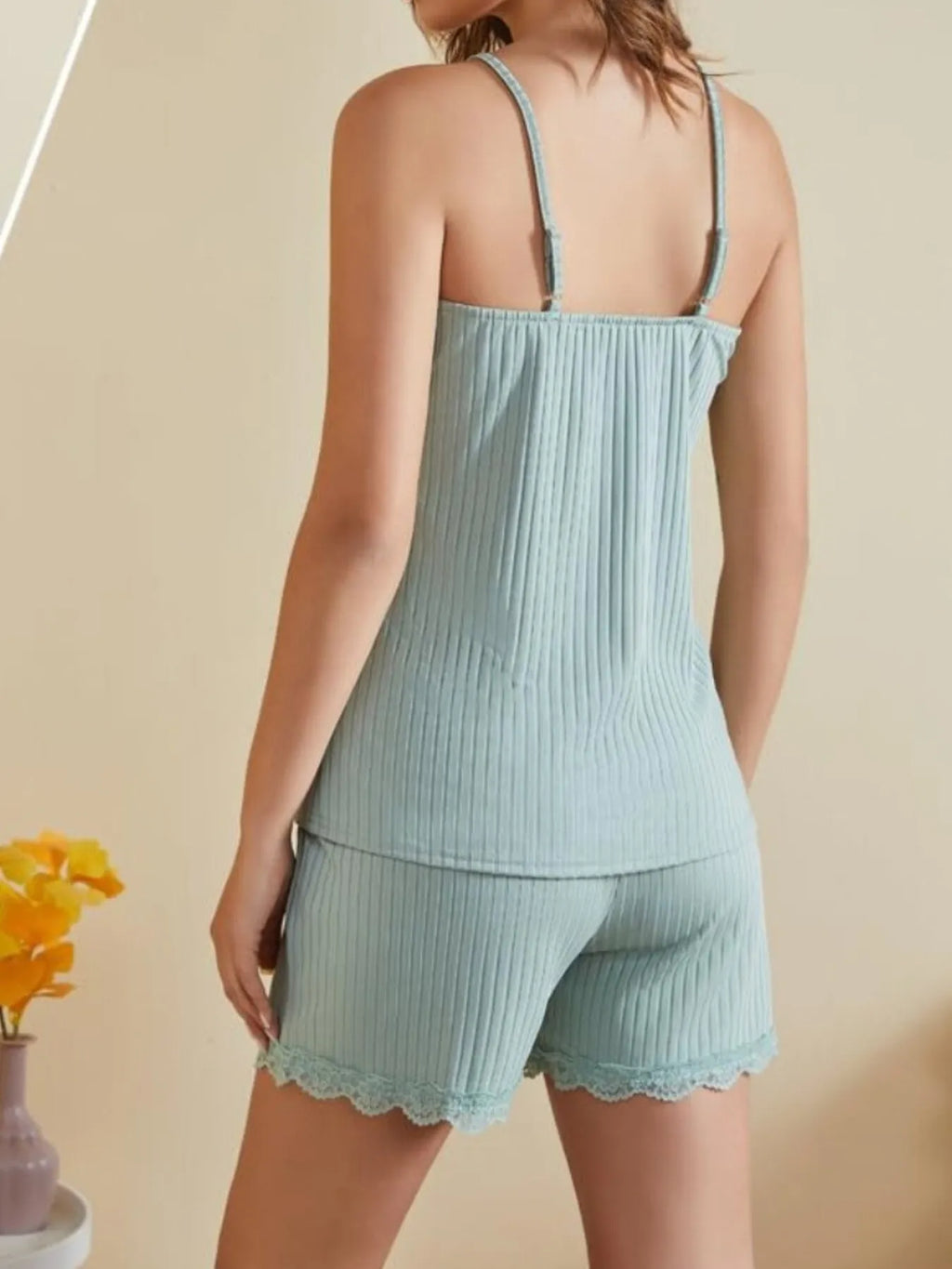 Lace-Trimmed Ribbed Cami and Shorts Lounge Set in light blue, seen from the back