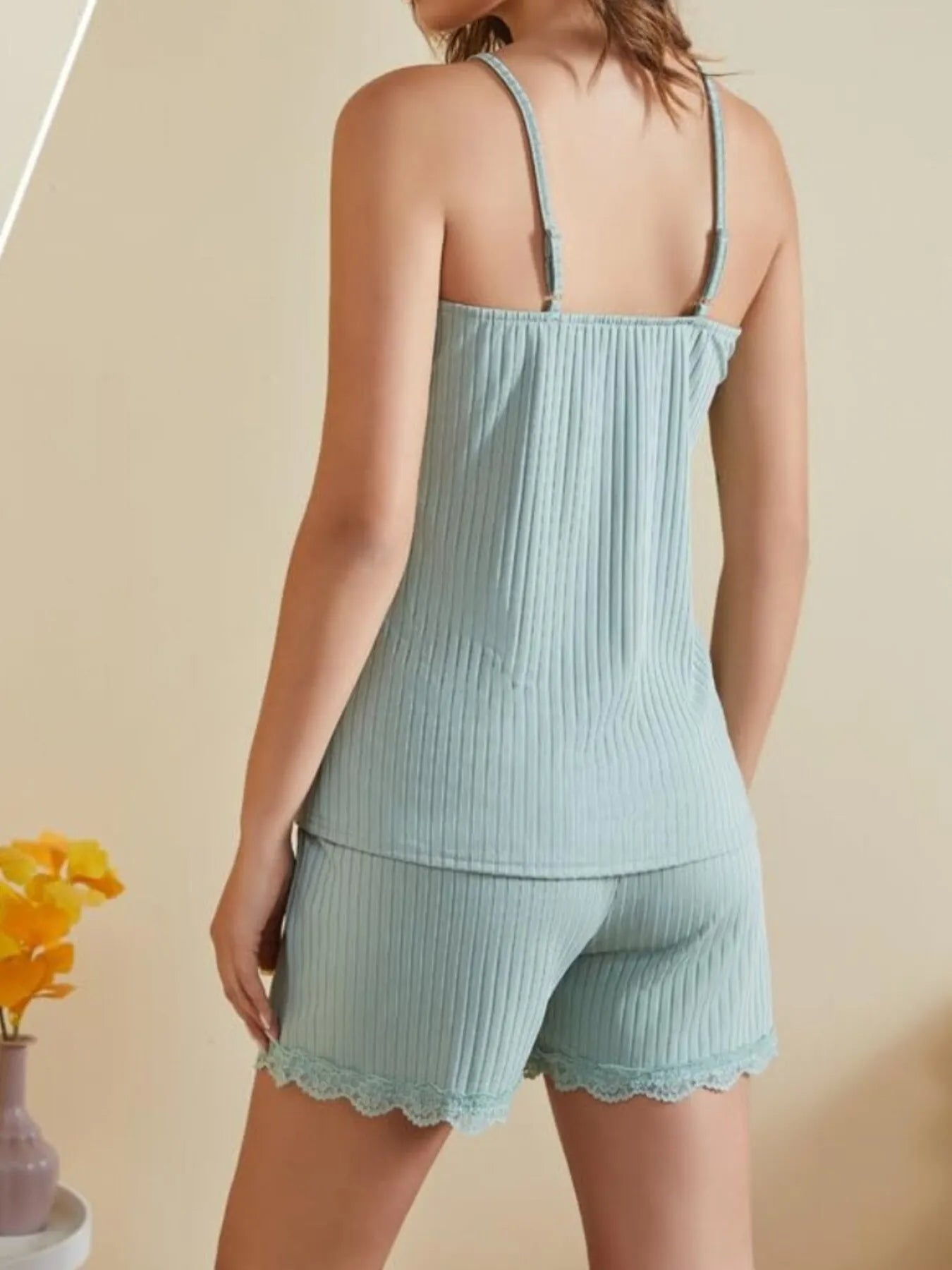 Lace-Trimmed Ribbed Cami and Shorts Lounge Set in light blue, seen from the back