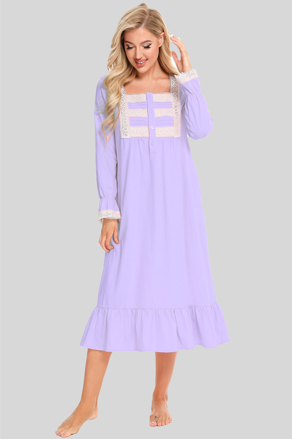 Lace Detail Square Neck Flounce Sleeve Night Dress in light purple