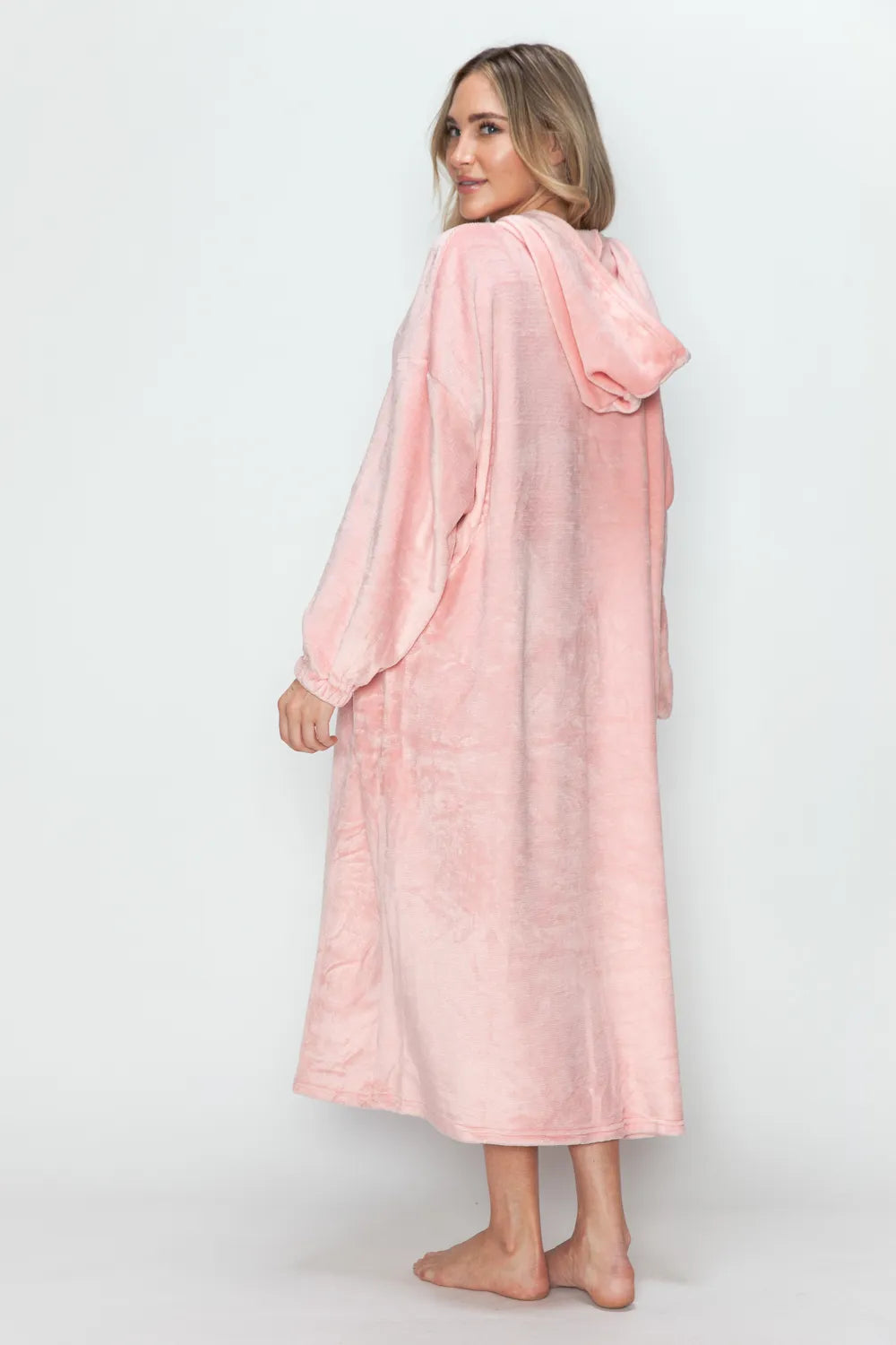 Double Take Full Size Pocketed Hooded Midi Lounge Dress in pink, back view