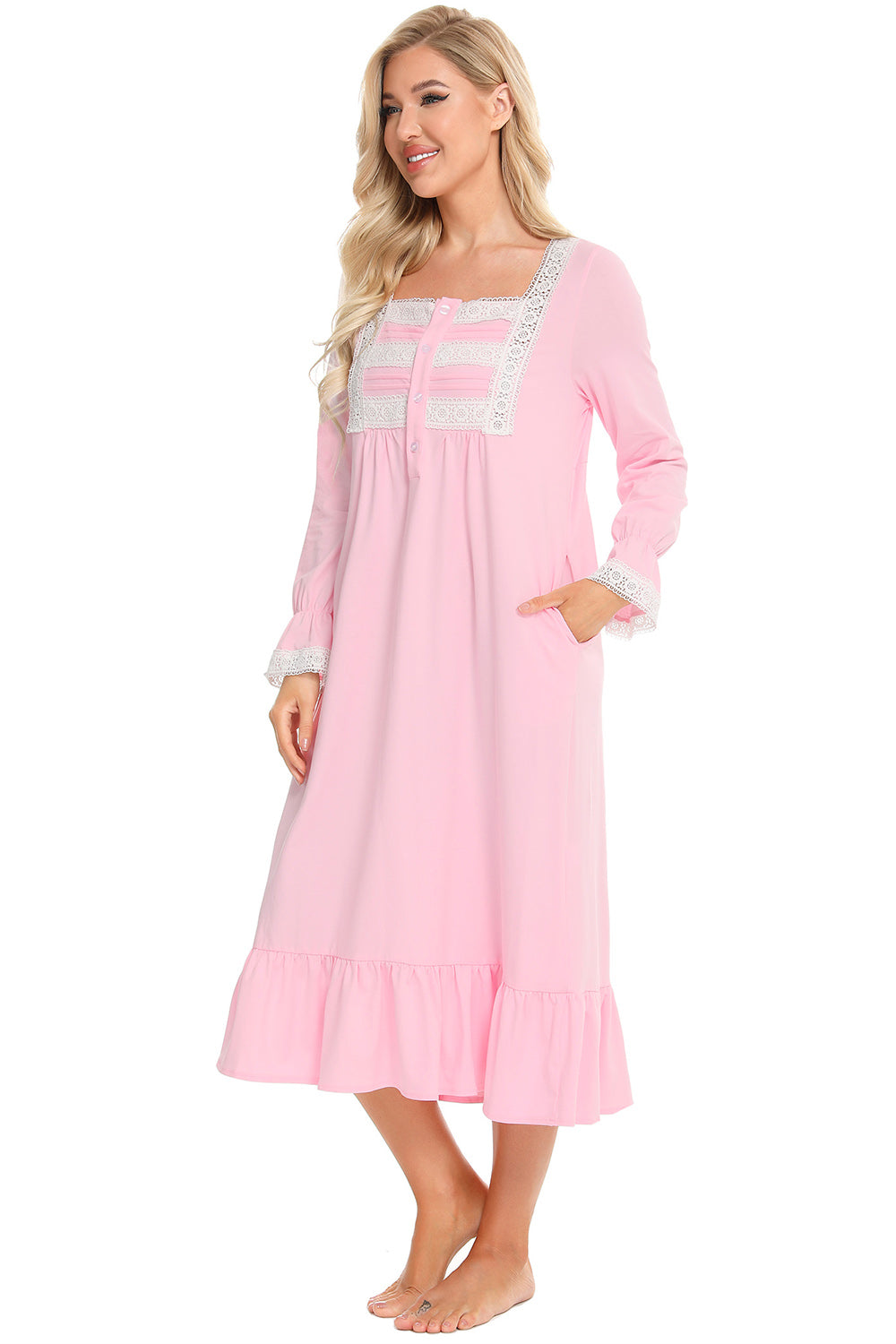 Lace Detail Square Neck Flounce Sleeve Night Dress in pink