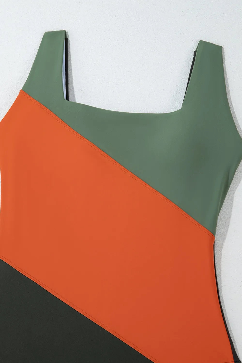 Color Block Padded Square Neck One Piece Swimsuit in green, orange, and dark grey