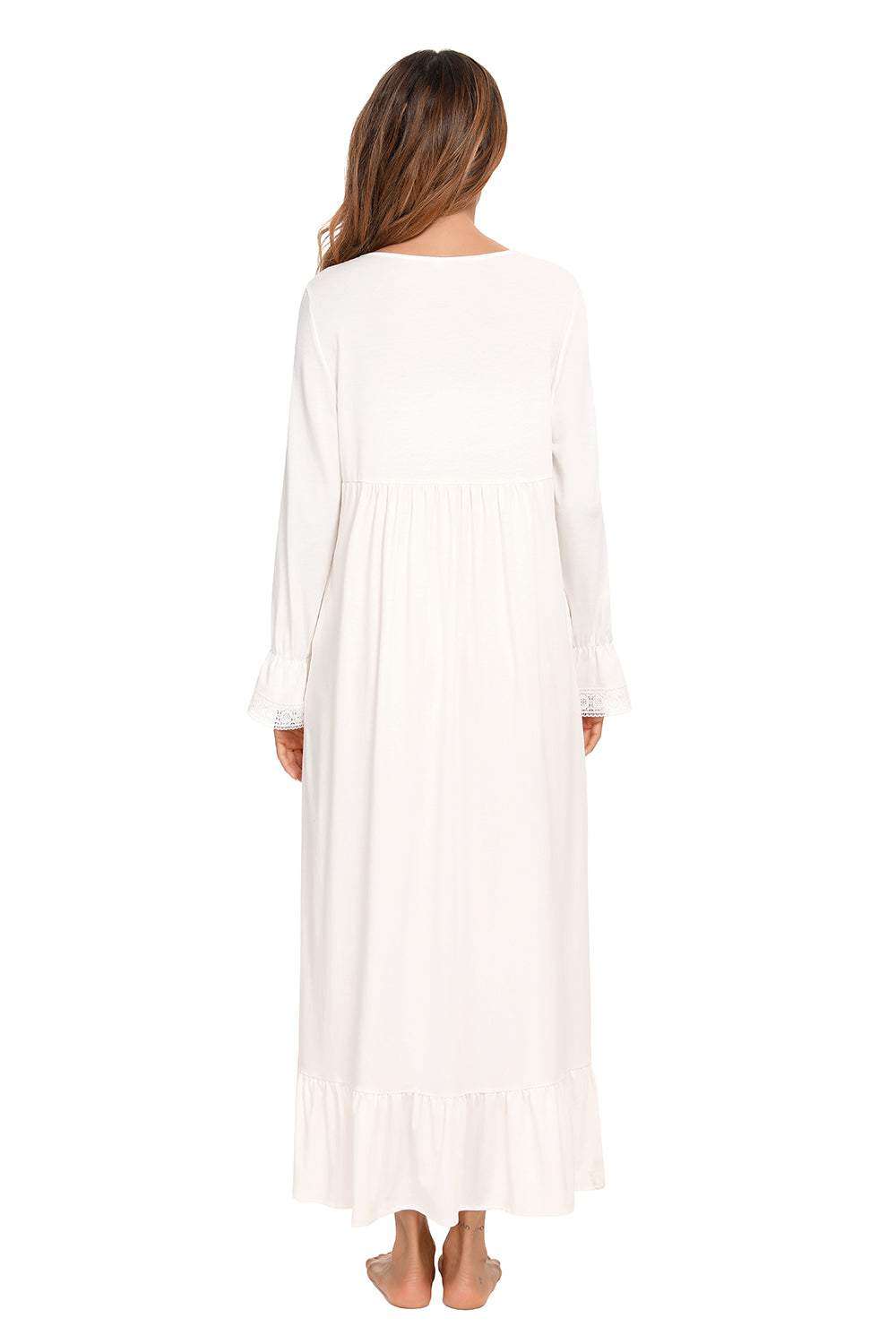 Back view of a woman wearing a white Lace Detail Square Neck Flounce Sleeve Night Dress