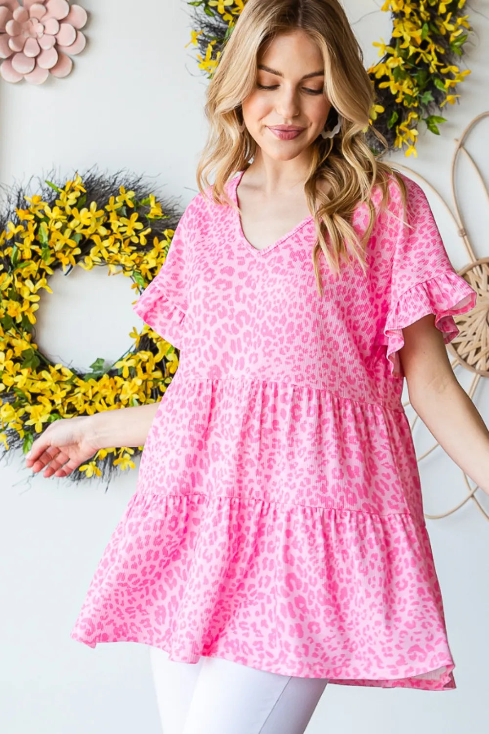 Leopard Ruffle Trim Short Sleeve Top in pink leopard print