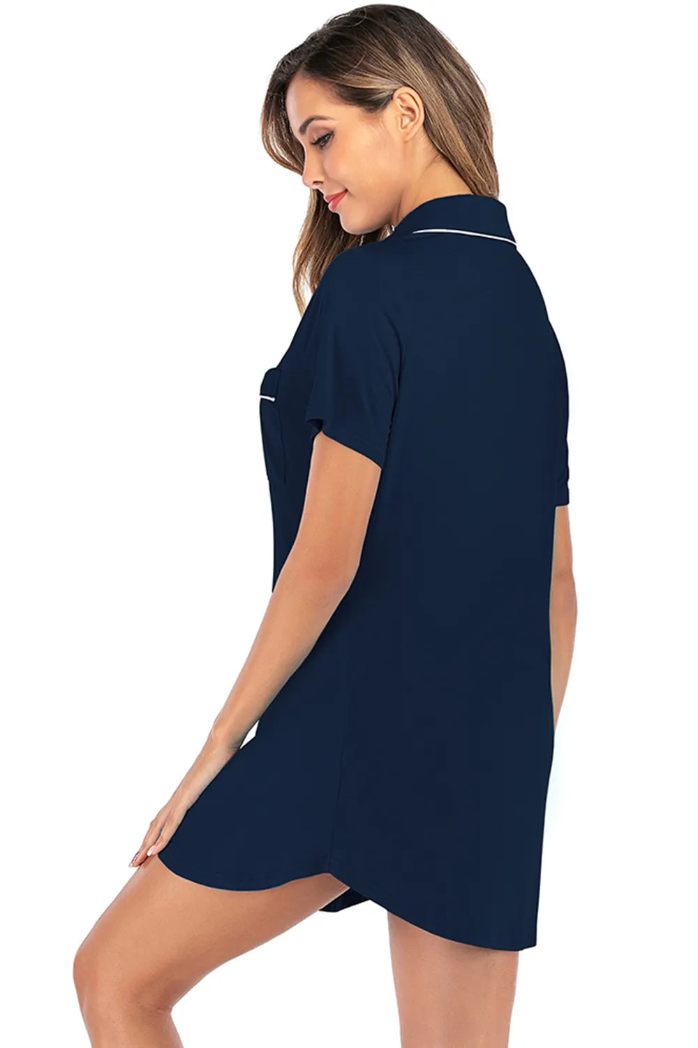 Contrast Piping Pocketed Short Sleeve Lounge Dress in navy blue with white piping