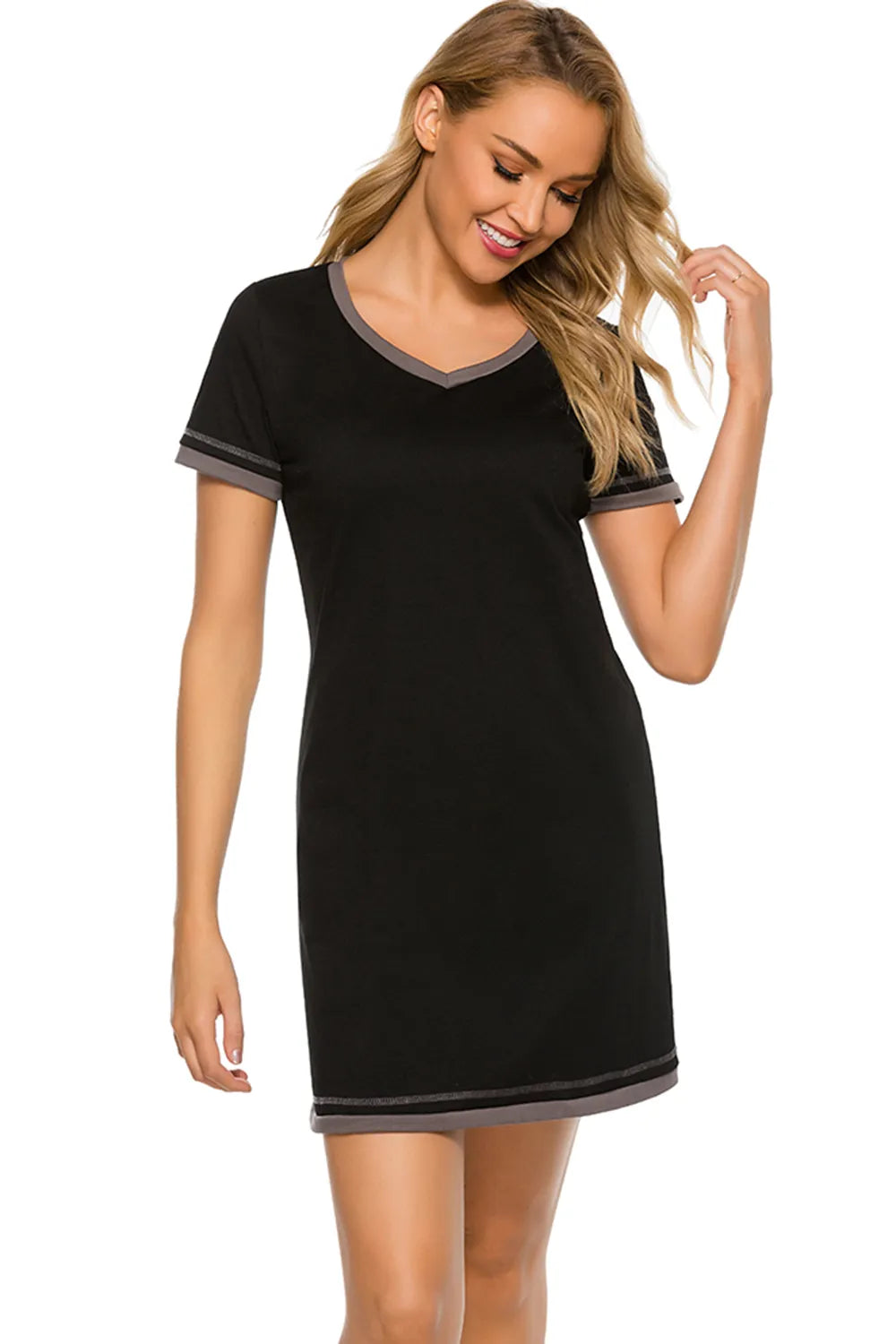 Contrast Trim Short Sleeve Lounge Dress in black with gray trim
