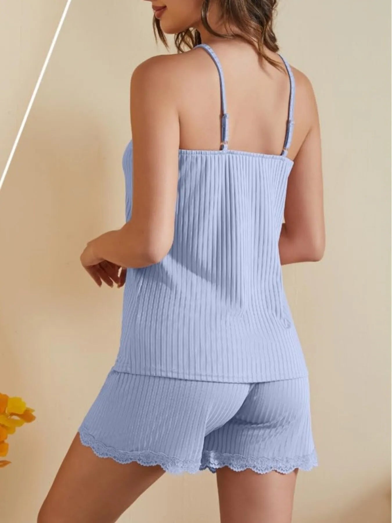 Lace-Trimmed Ribbed Cami and Shorts Lounge Set in light blue, seen from the back
