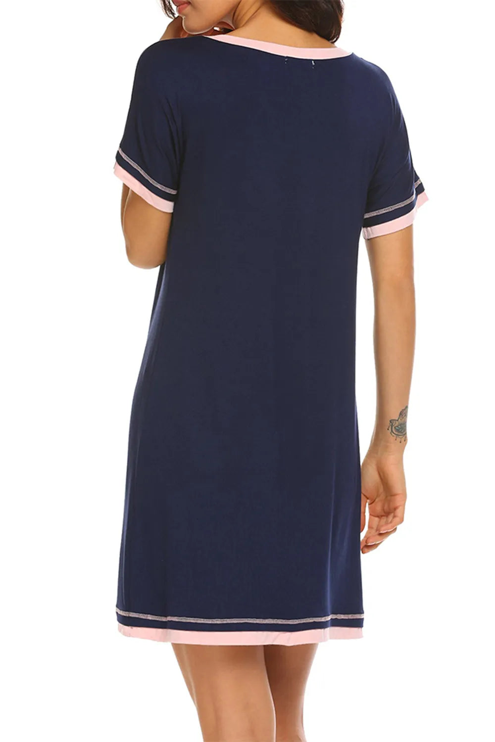 Contrast Trim Short Sleeve Lounge Dress in navy with pink trim, back view