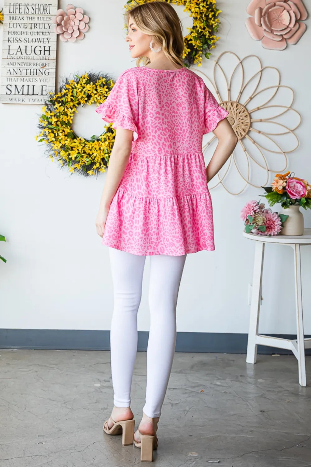 Leopard Ruffle Trim Short Sleeve Top in pink with white leggings