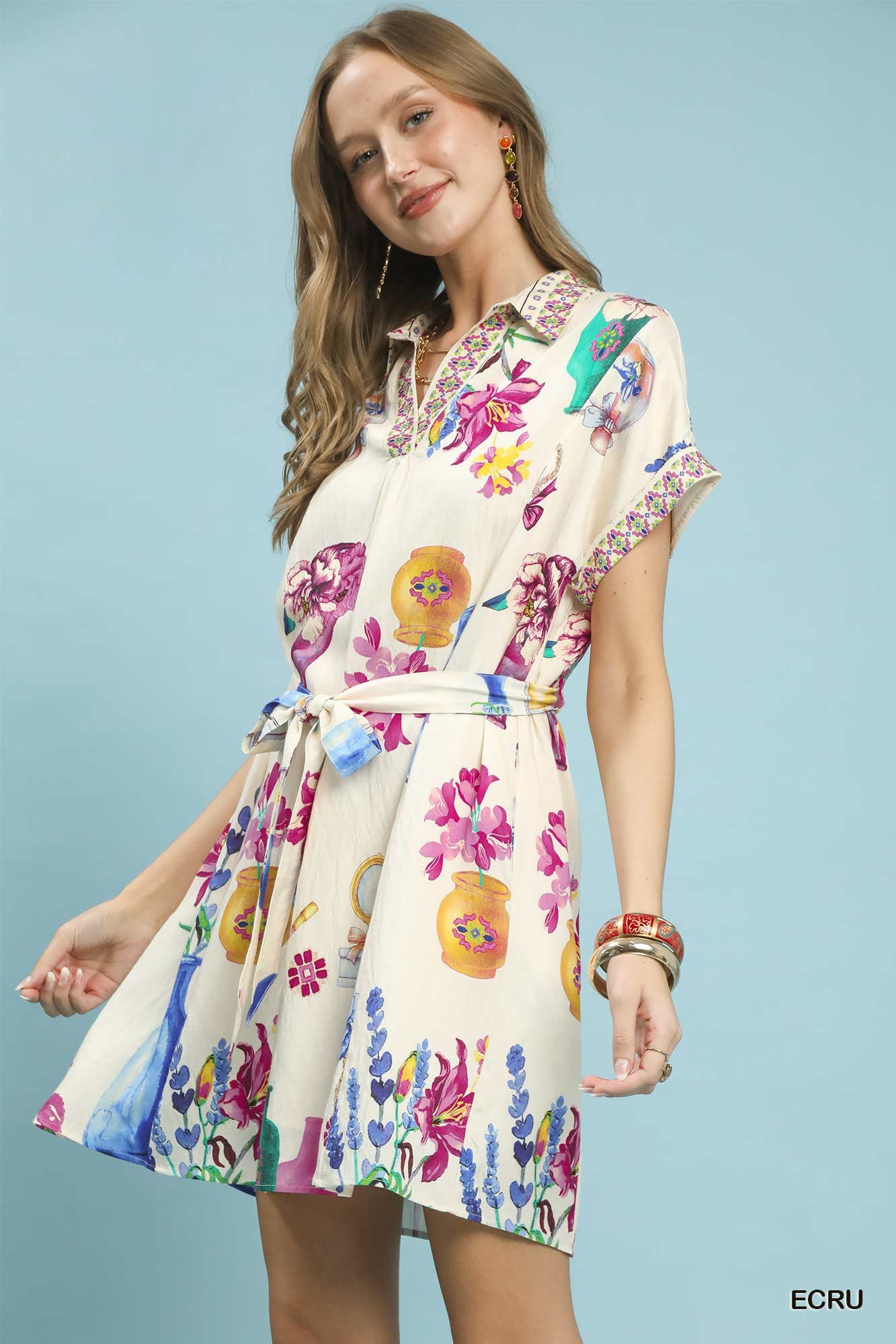 Umgee Floral Print Belted Mini Dress