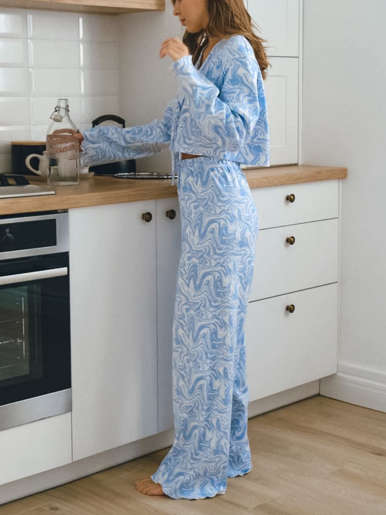 Tie Front Long Sleeve Top and Pants Lounge Set in blue and white marble print