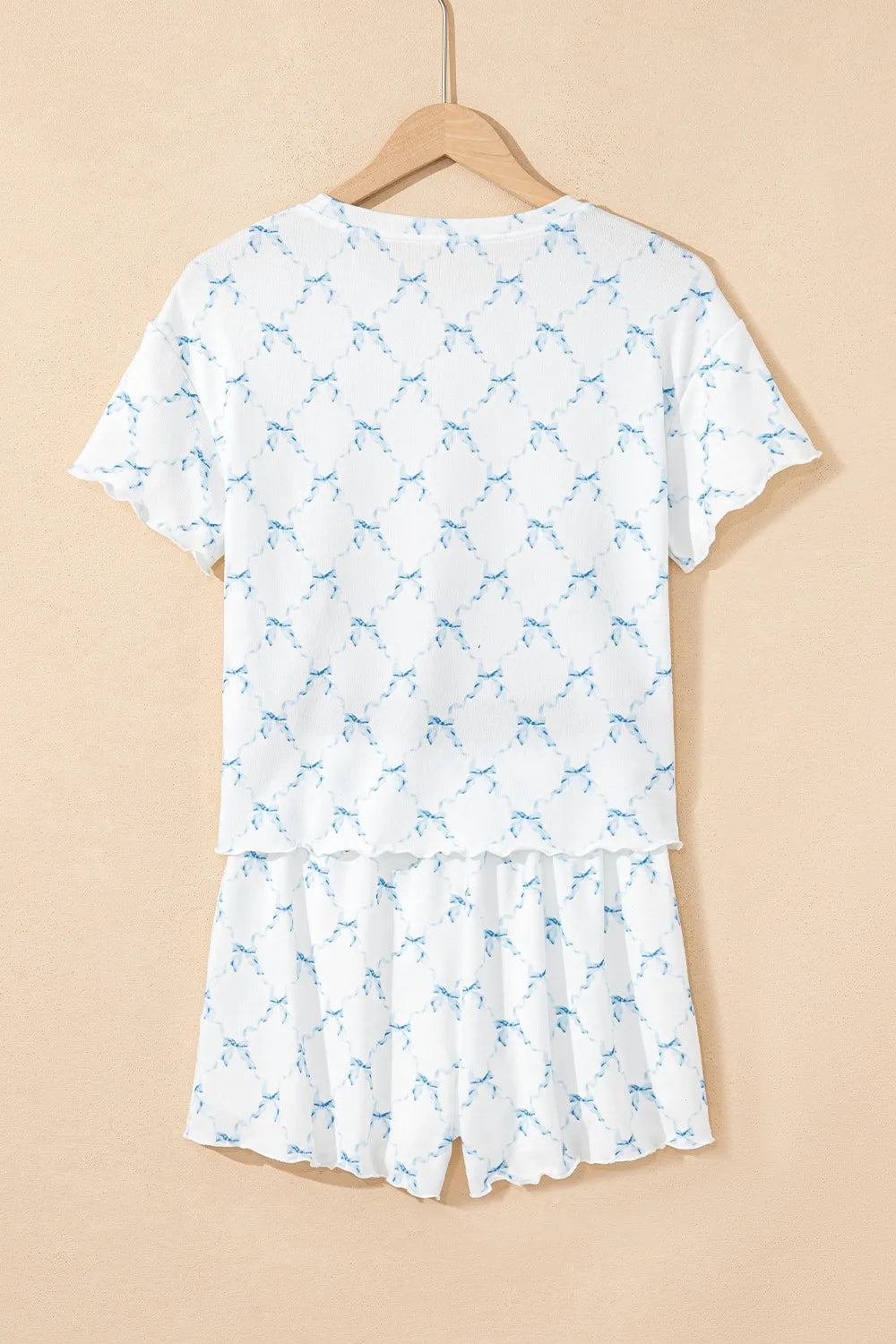 Printed Round Neck Top and Shorts Two-Piece Lounge Set with blue bow pattern