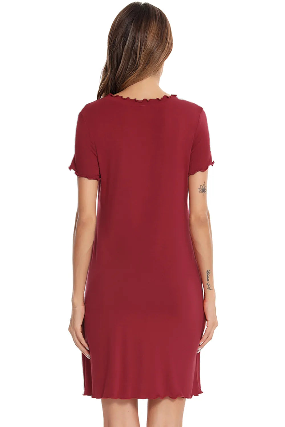 Back view of a woman wearing a red Round Neck Short Sleeve Lounge Dress