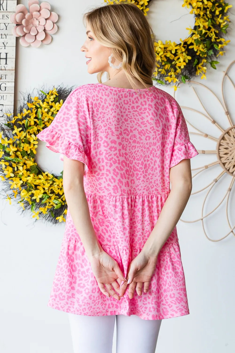 Leopard Ruffle Trim Short Sleeve Top in pink leopard print with ruffled sleeves and tiered hem