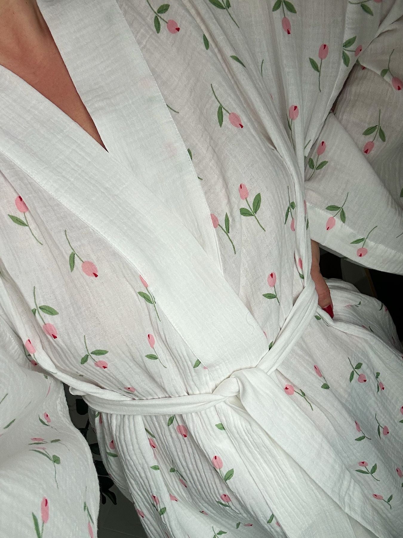 Floral Print Lightweight Lounge Nightgown, white with pink tulips and green leaves, tied at the waist