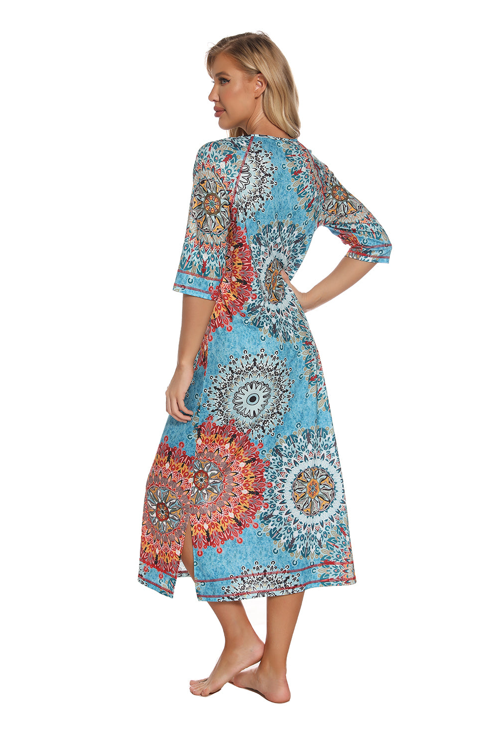 Printed Slit Night Dress with Pockets, blue with orange and white mandala patterns, side view