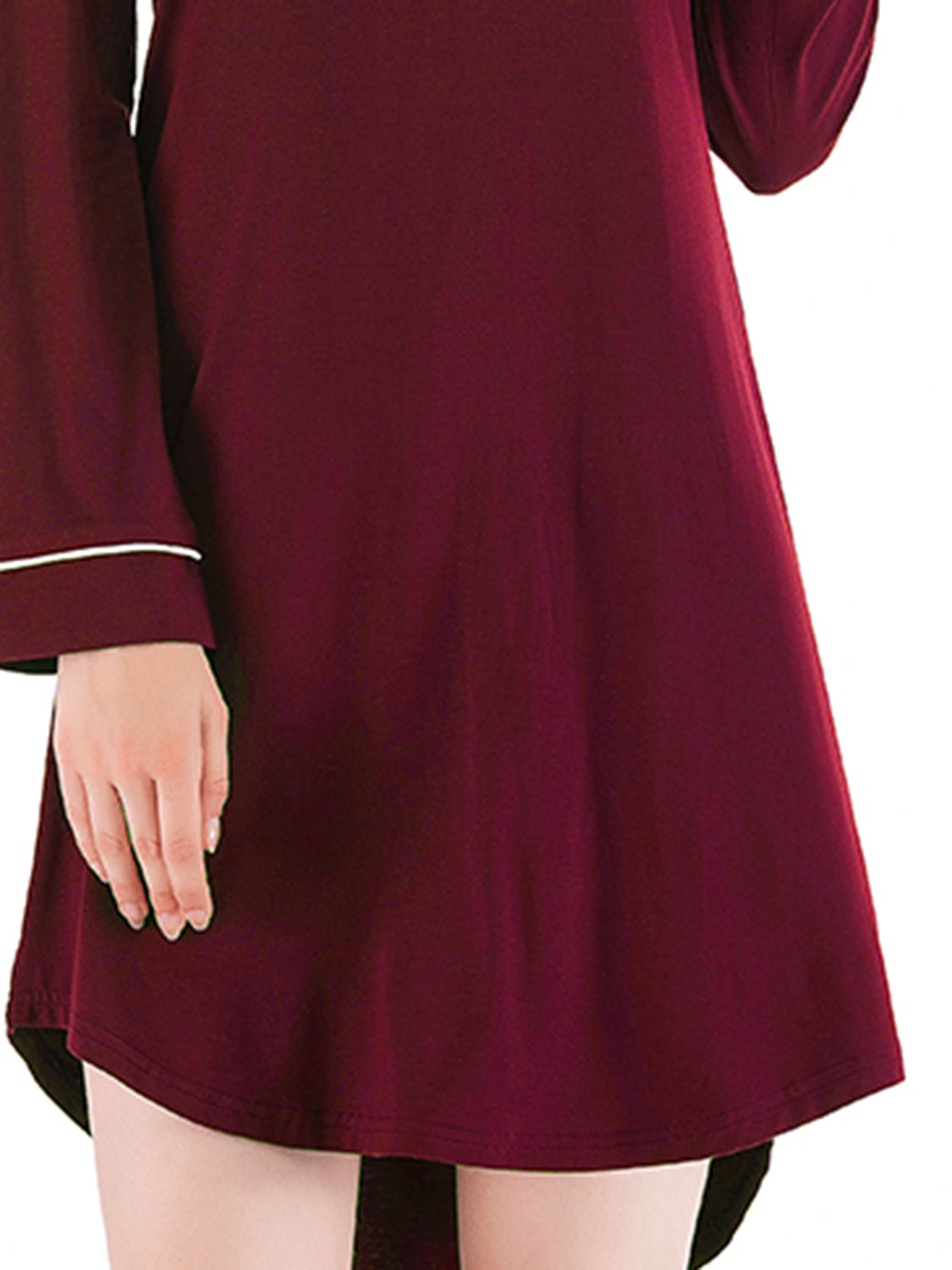 Round Neck Night Dress with Pocket in maroon, with white trim on the sleeve cuff