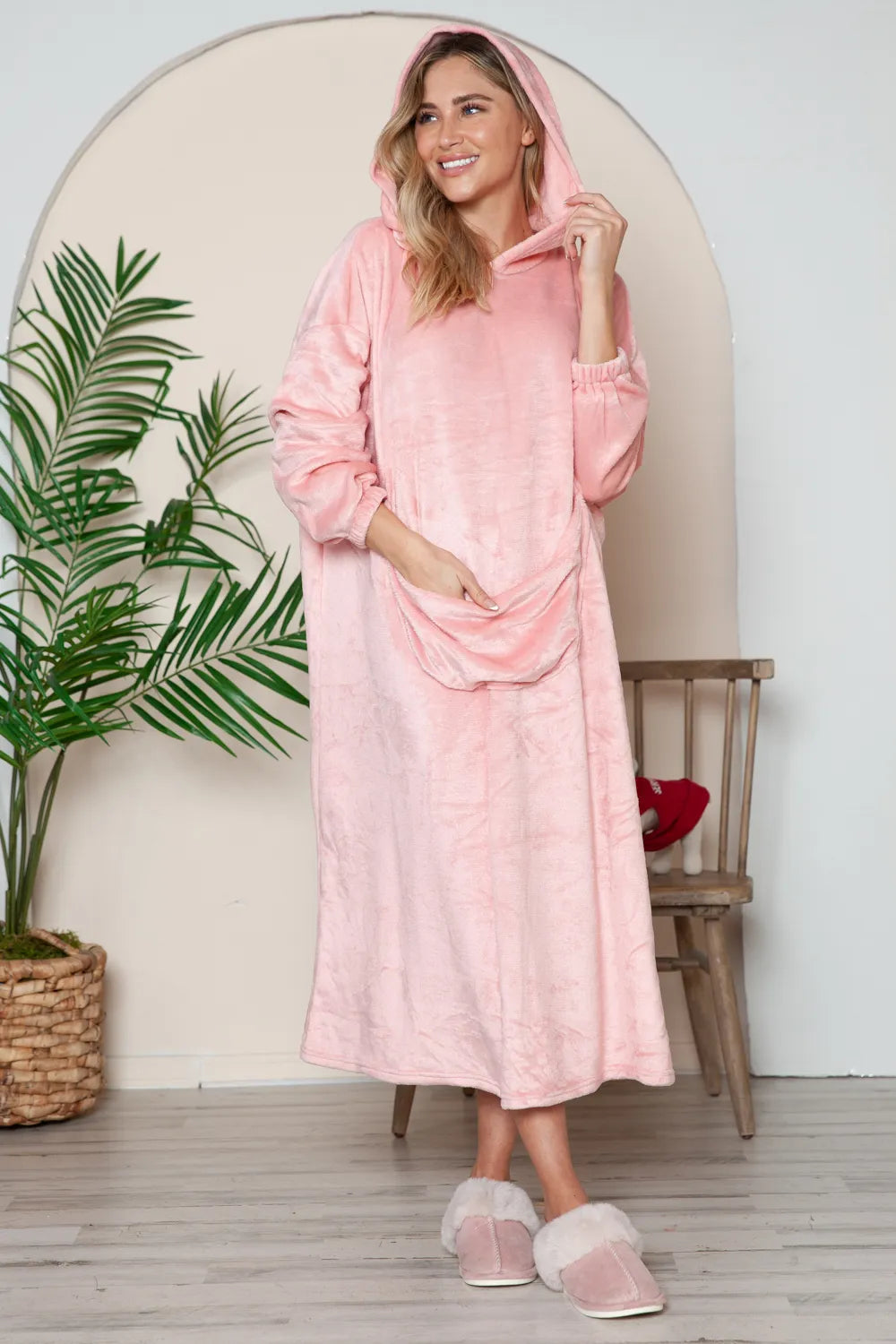 Double Take Full Size Pocketed Hooded Midi Lounge Dress in pink with model wearing pink slippers