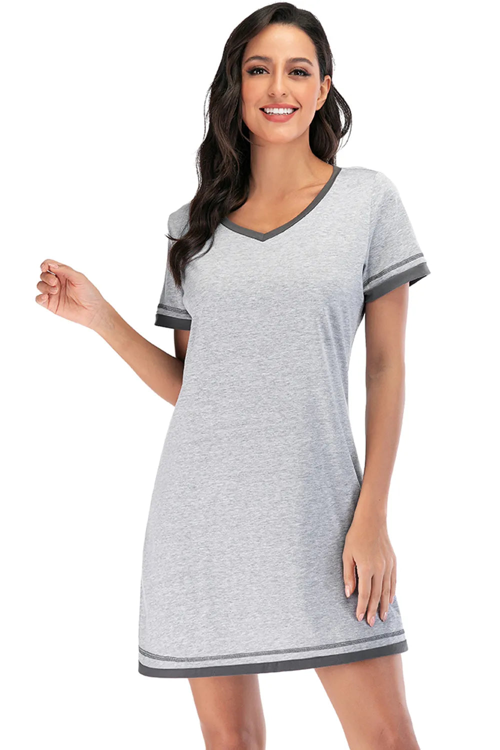 Contrast Trim Short Sleeve Lounge Dress in light grey with dark grey trim on sleeves, neckline, and hem