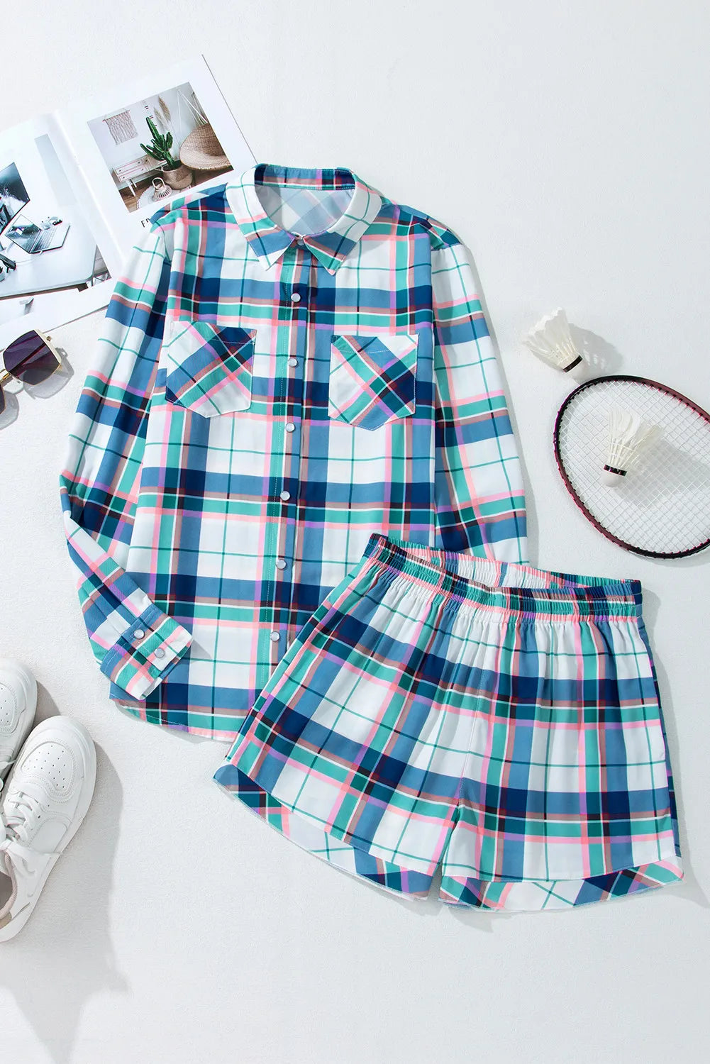 Plaid Snap Down Long Sleeve Top and Shorts Lounge Set in blue, pink, and white plaid