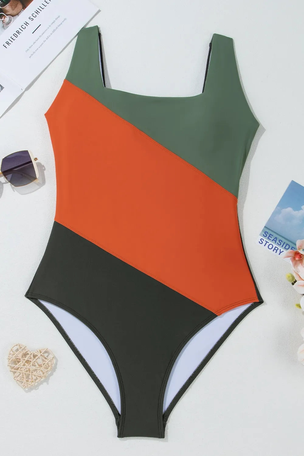 Color Block Padded Square Neck One Piece Swimsuit in orange, olive green, and dark green