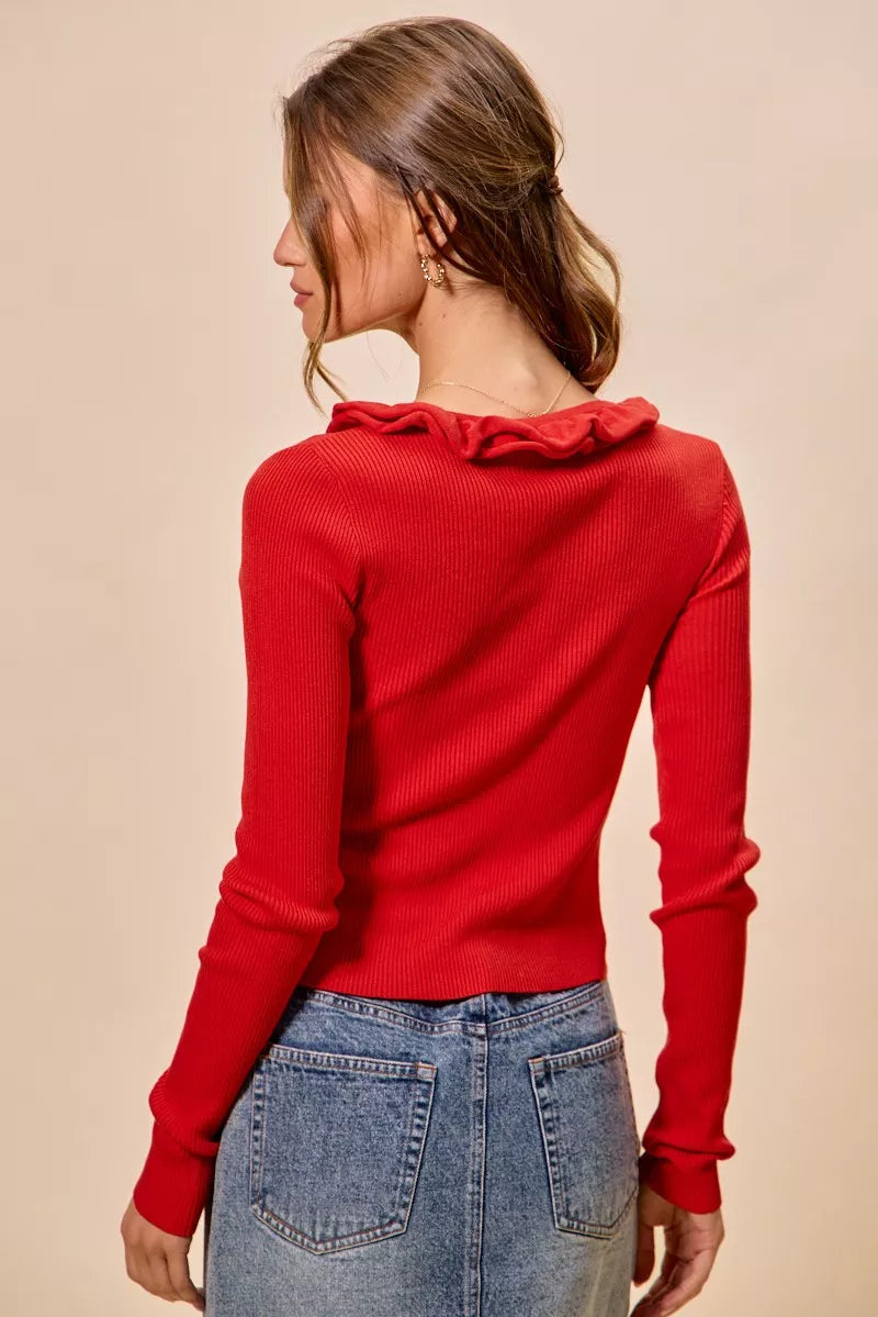 SO ME Cascade Ruffle Ribbed Sweater Cardigan in red with ruffle neckline and ribbed texture