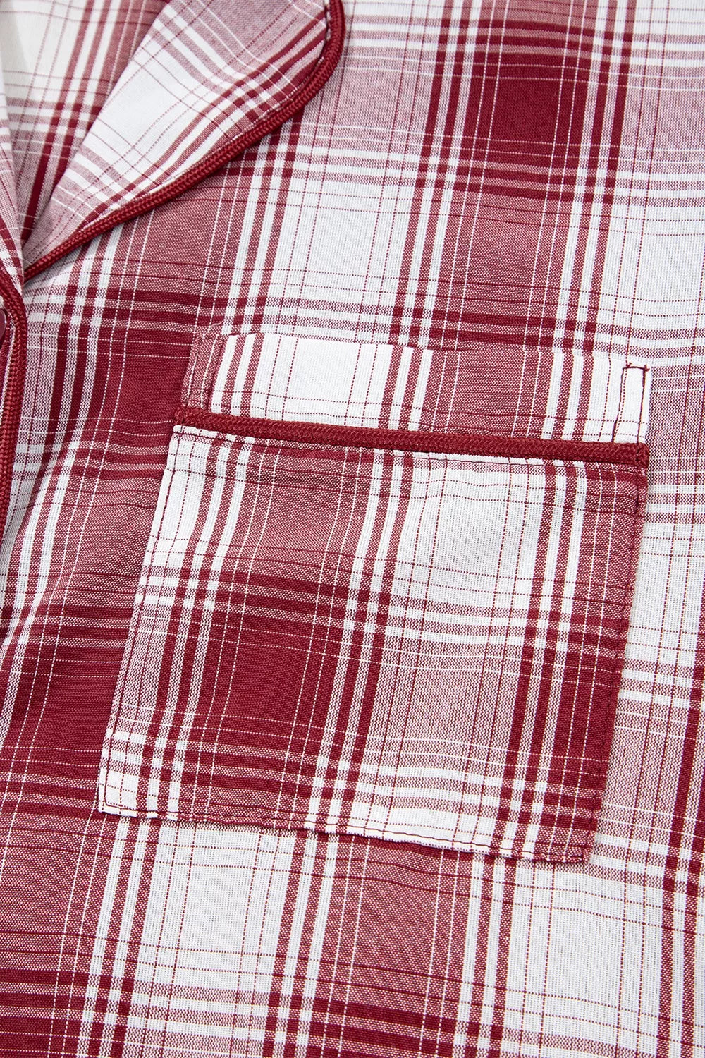 Close up of the Plaid Long Sleeve Shirt and Drawstring Shorts Lounge Set