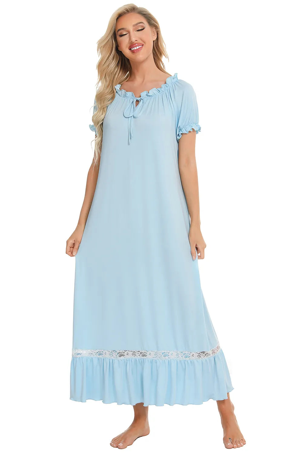 Lace Detail Short Sleeve Lounge Dress in light blue with white lace trim