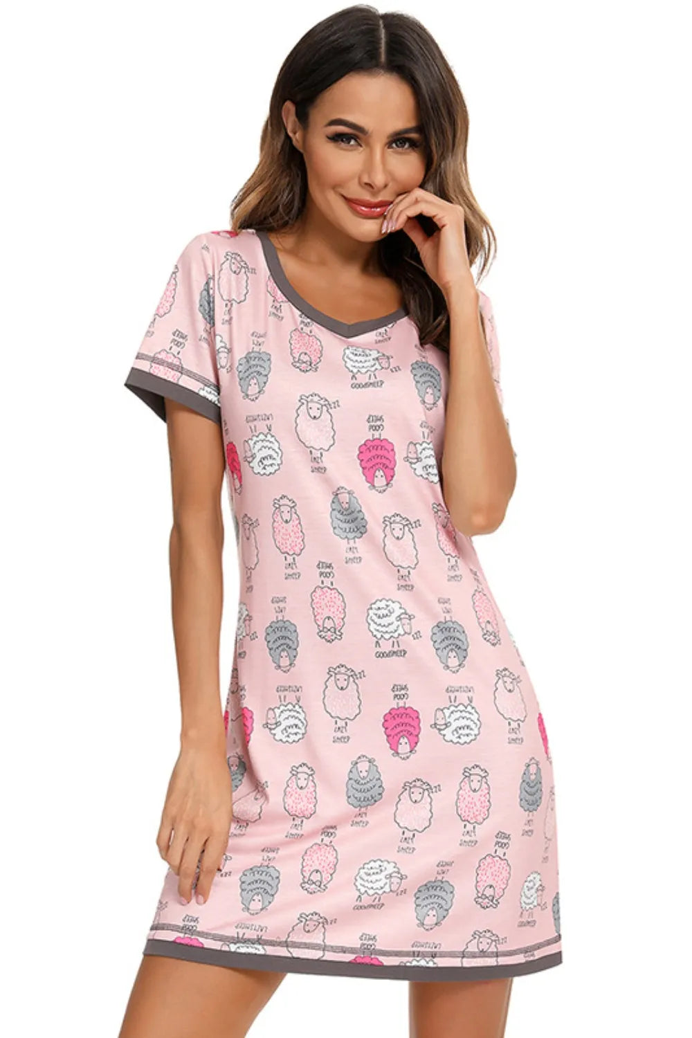 Contrast Trim Short Sleeve Lounge Dress in pink with sheep print