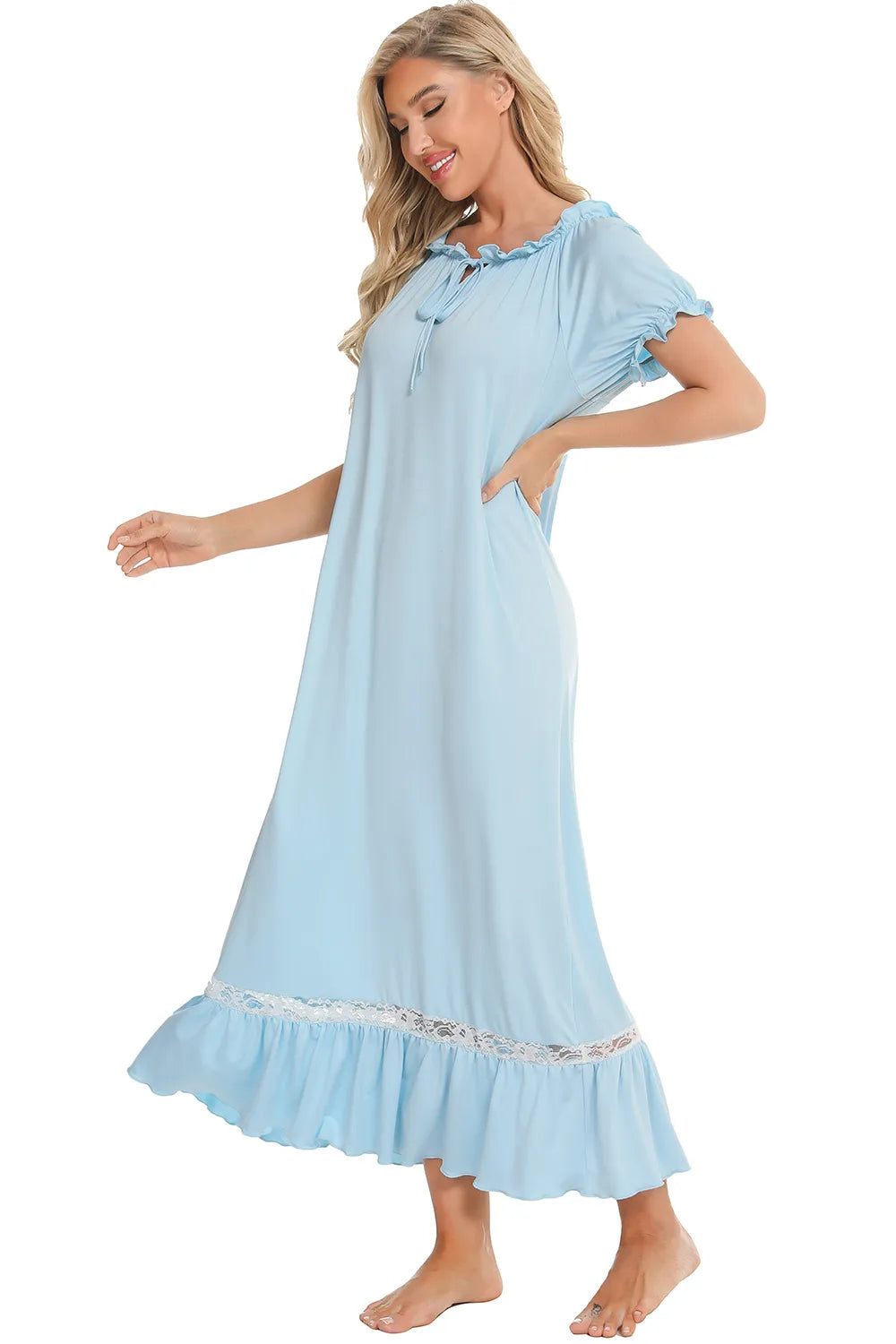 Lace Detail Short Sleeve Lounge Dress in light blue with ruffled neckline and hem